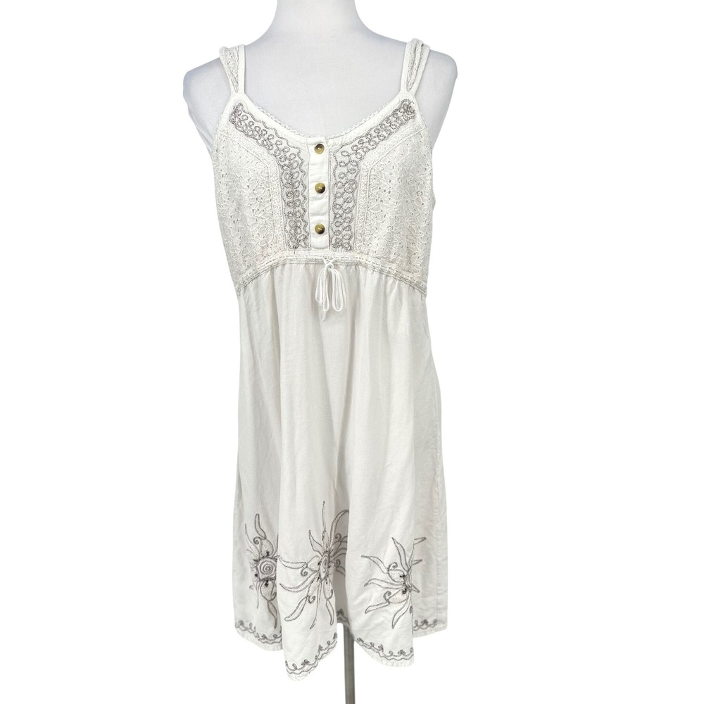 Raya Sun White Dress L Embroidered Flowers Boho Cottagecore Flowy Lace Beachy